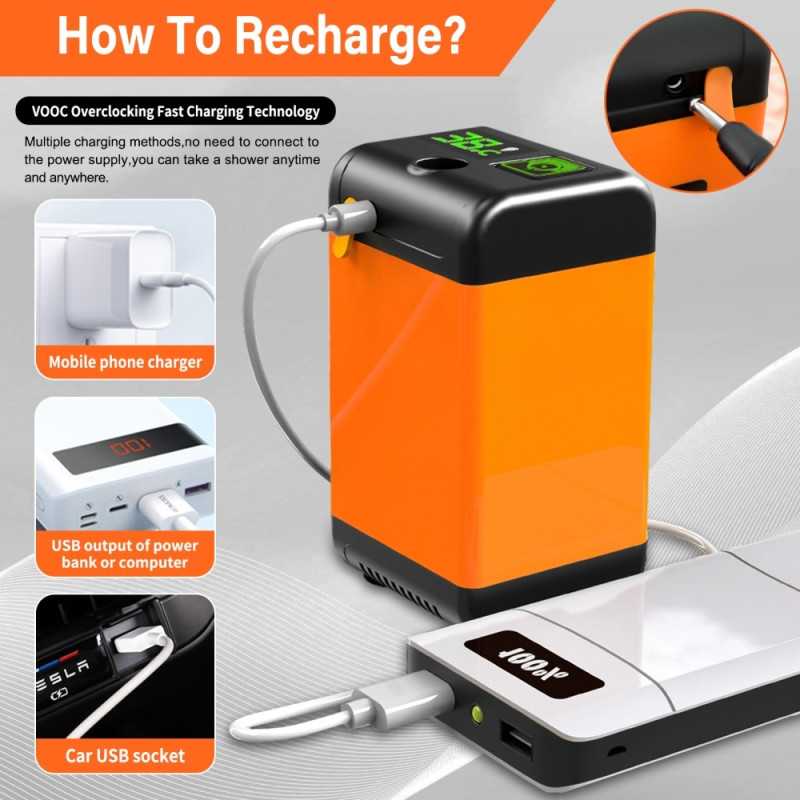 7800mAh camping electric shower with smart temperature monitoring + 3 spray modes