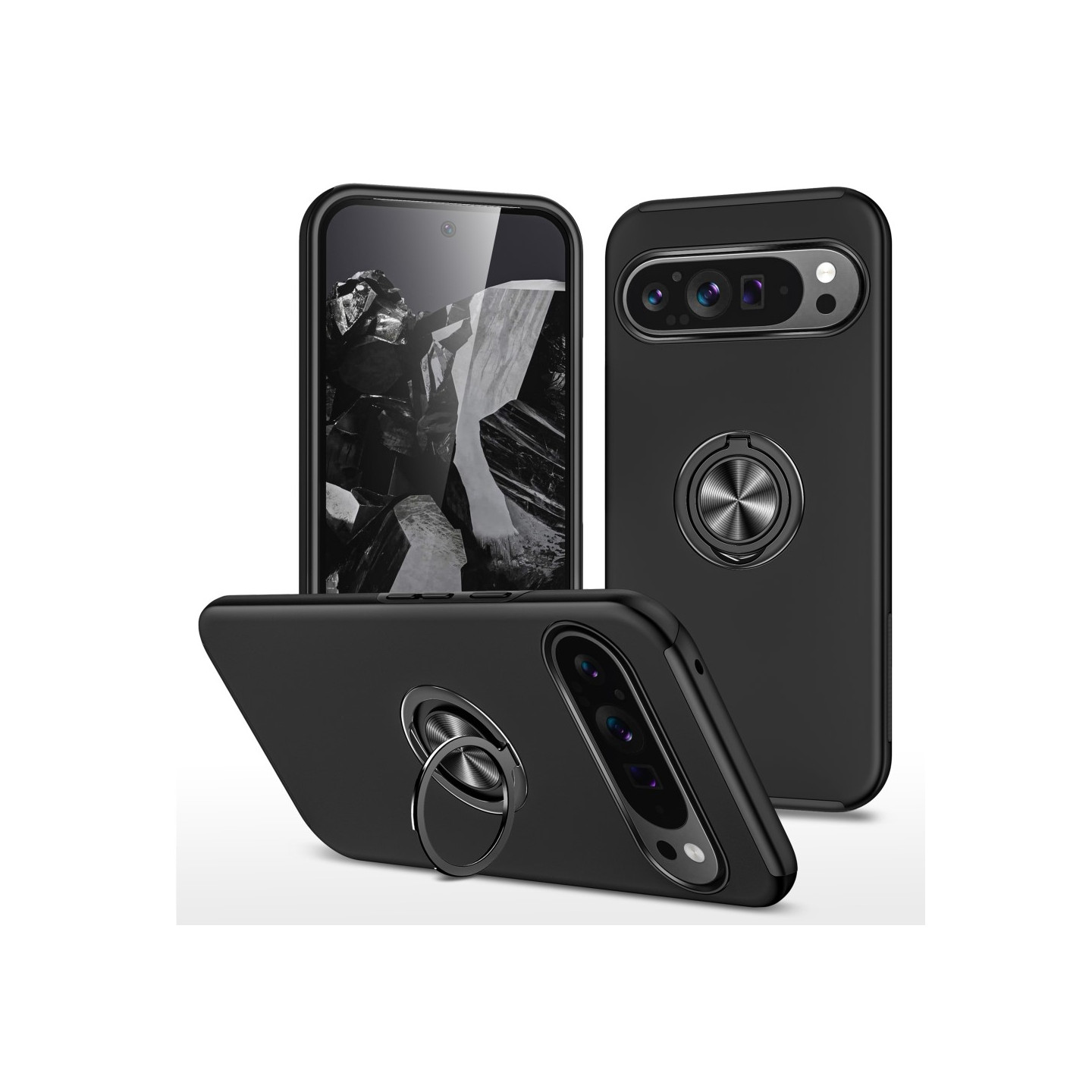 Google Pixel 9 / Pixel 9 Pro sormenrengasjalustan hybridikotelo - musta