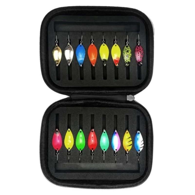 16 pcs 2.5g 3.5g 5g Trout Fishing Bait Flasher Drag Spinner with storage bag
