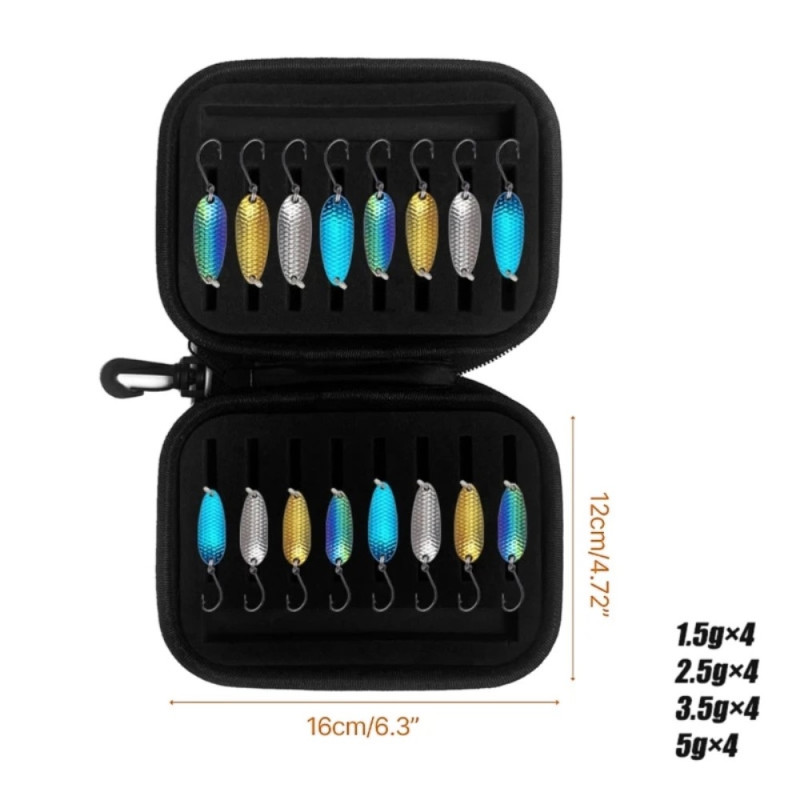 16 pcs 1.5g 2.5g 3.5g 5g Trout Fishing Bait Spinner Drag with Storage Bag