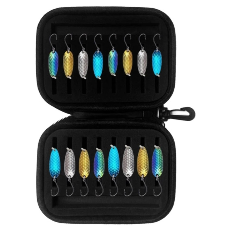 16 stk 1,5 g 2,5 g 3,5 g 5 g ørretfiskeagn spinner drag med oppbevaringspose