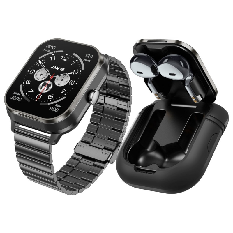 D8 Pro 2 - in - 1 Bluetooth - kuulokkeet ja älykellon kuntoa valvova Teräshihna