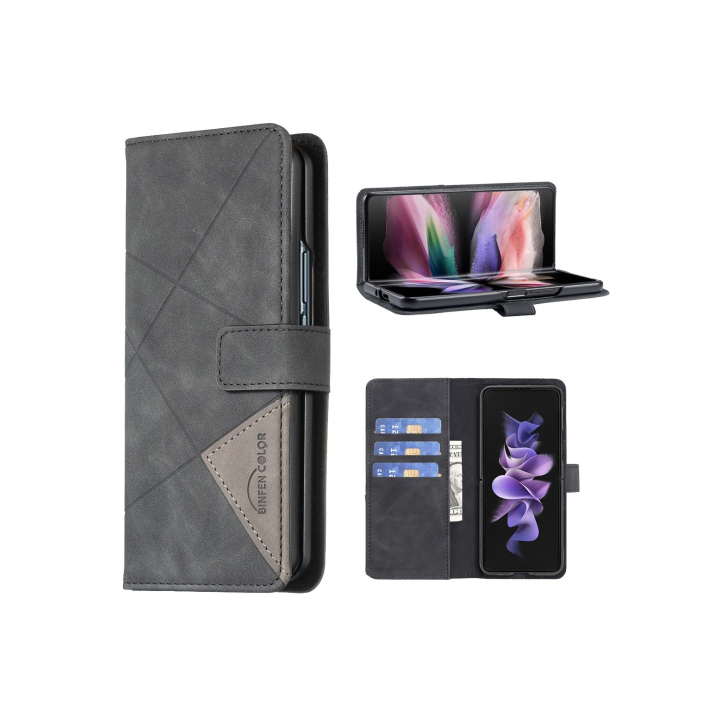 BINFEN COLOR til Samsung Galaxy Z Fold6 5G PU lærveske med geometrisk mønster - svart