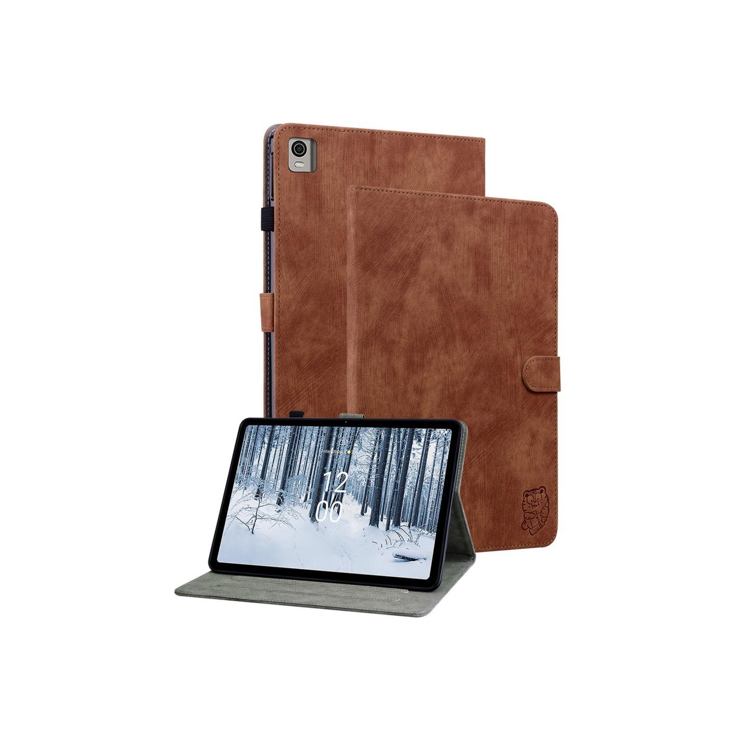 For Nokia T21 Case Imprinted Cute Tiger Tablet Cover Card Holder - Brown
