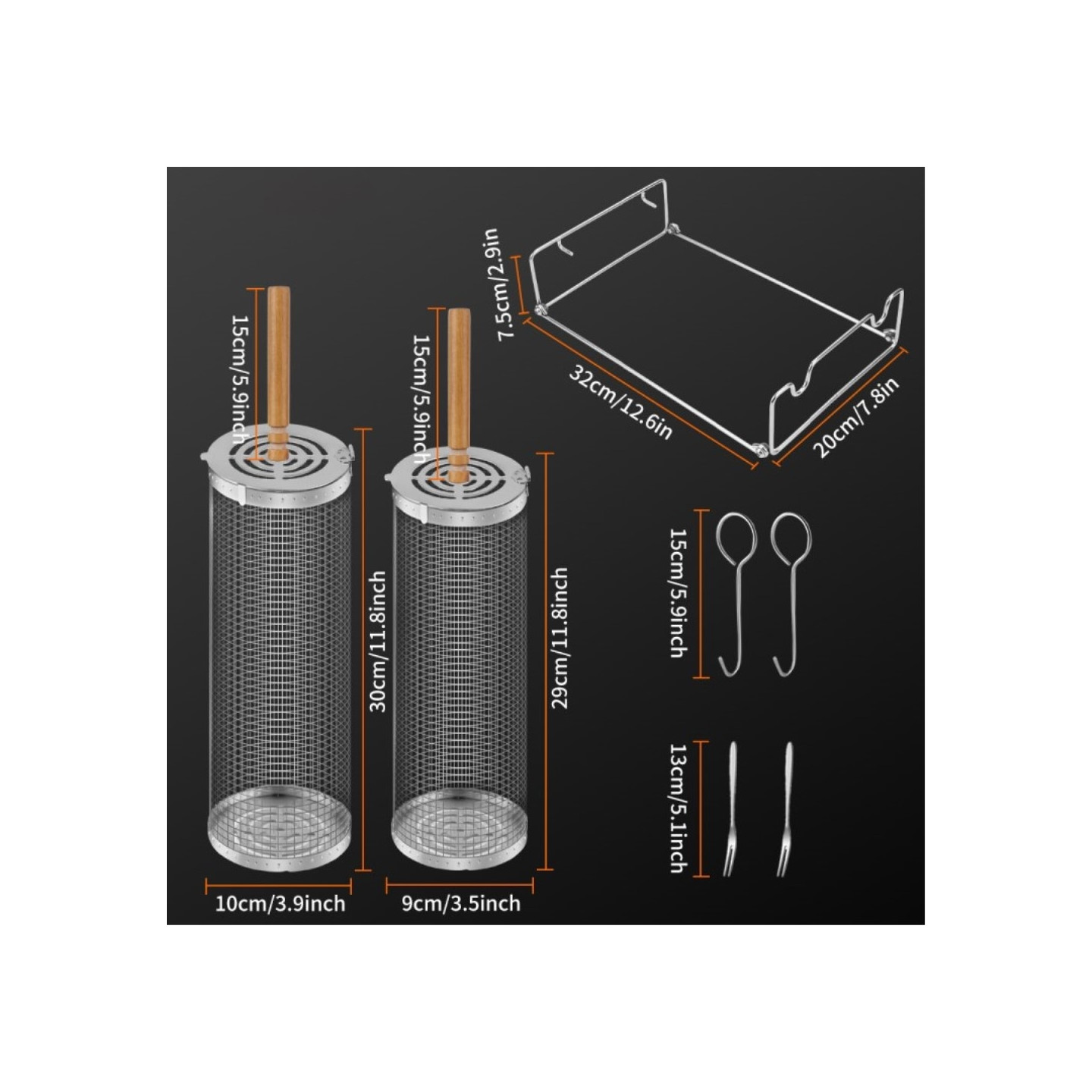 Grillkurv Trehåndtak Rullende grillnettbur Tilbehør Stor pakke