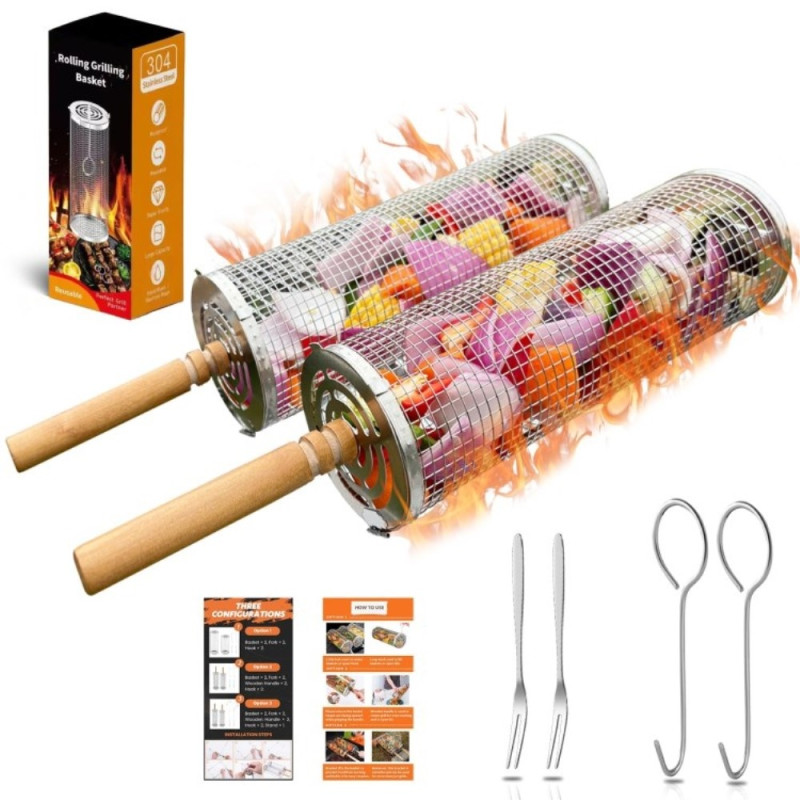 Grillikori Puinen Kahva Rullaava Grill Mesh Cage Suuri pakkaus