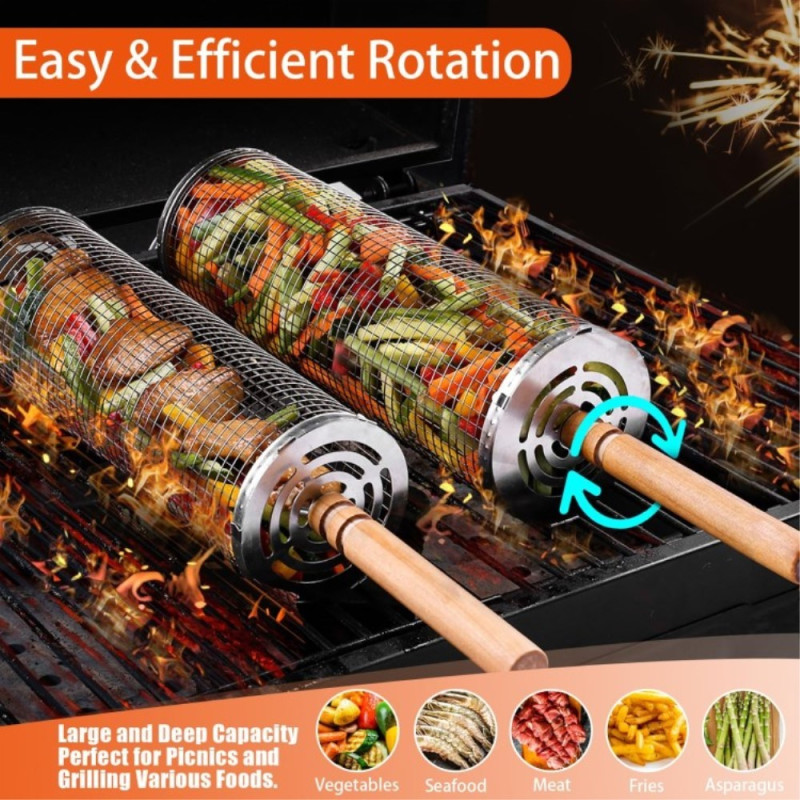 Grill Basket Wooden Handle Rolling Grill Mesh Cage Large Package