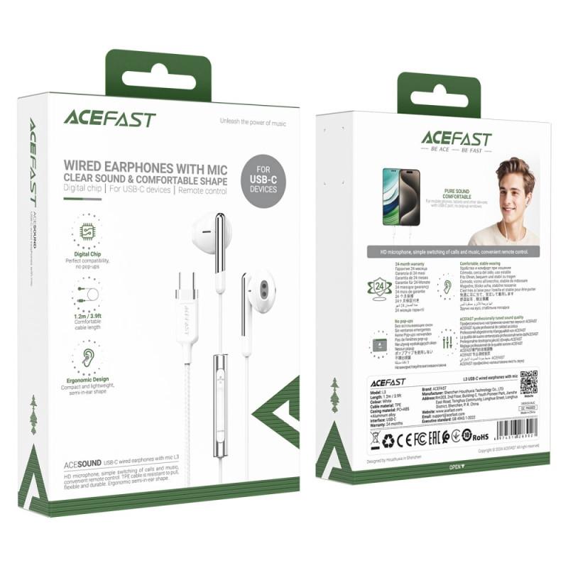 ACEFAST 1,2 m USB - C langallinen kuulokemikrofoniohjain