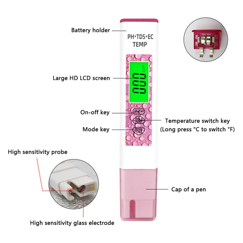 4 - in - 1 test for water quality PH TDS EC TEMP test pen
