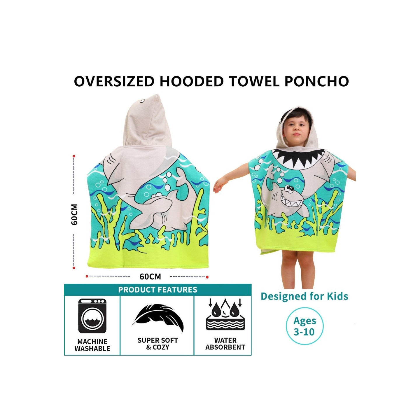 Hood Cape Bath towel Bathrobe Poncho, 60x60cm - Shark