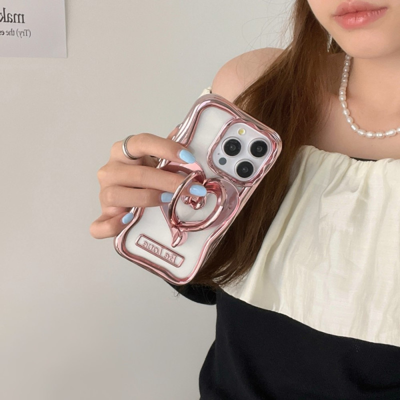 Til iPhone 15 Pro Max Case Love Heart Kickstand TPU Elektrobelagt Gjennomsiktig Mobiltelefonveske - Rosa