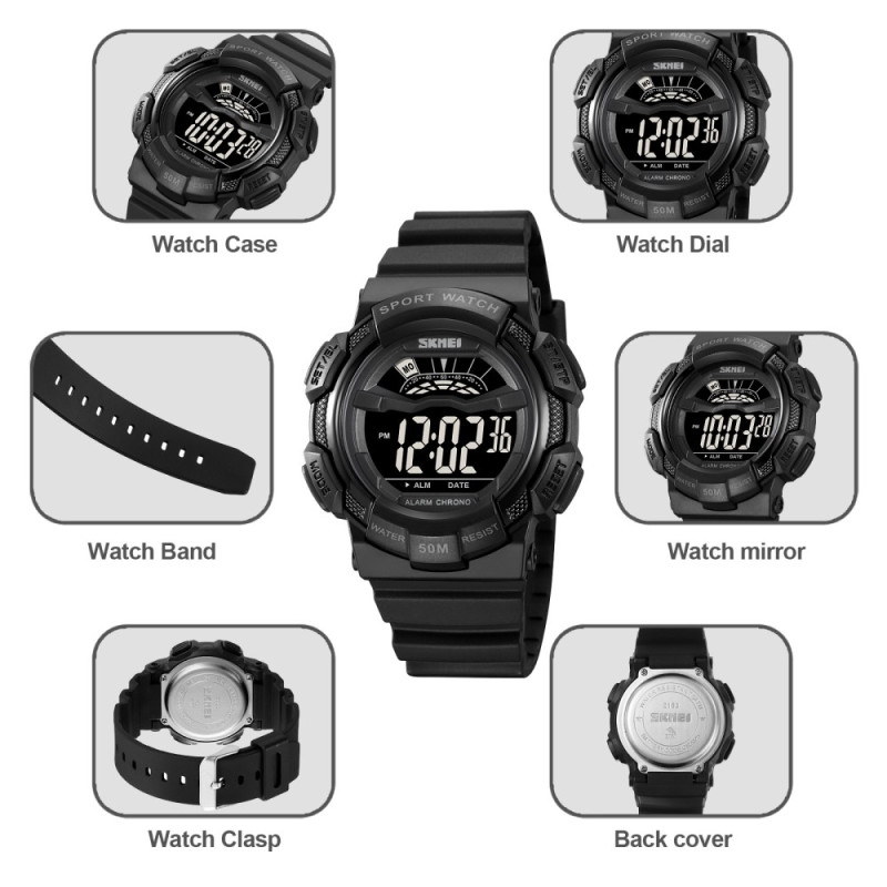 SKMEI 50m Waterproof Wristwatch Clock - Black / White Dial