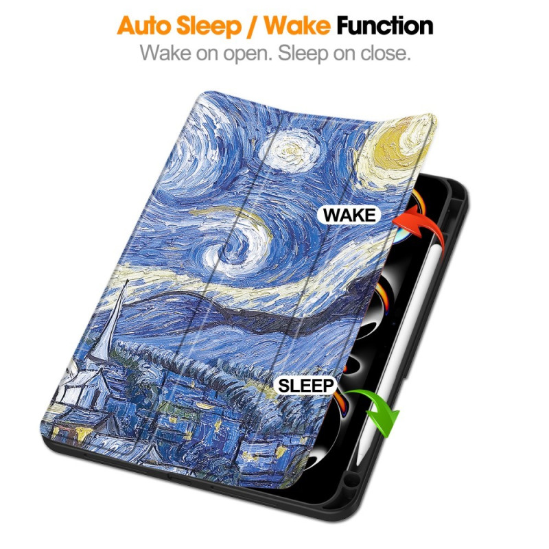 Til iPad Pro 11 (2024) Etui Tre - fold Stativ Tablet Cover med Pen Holder - Painting