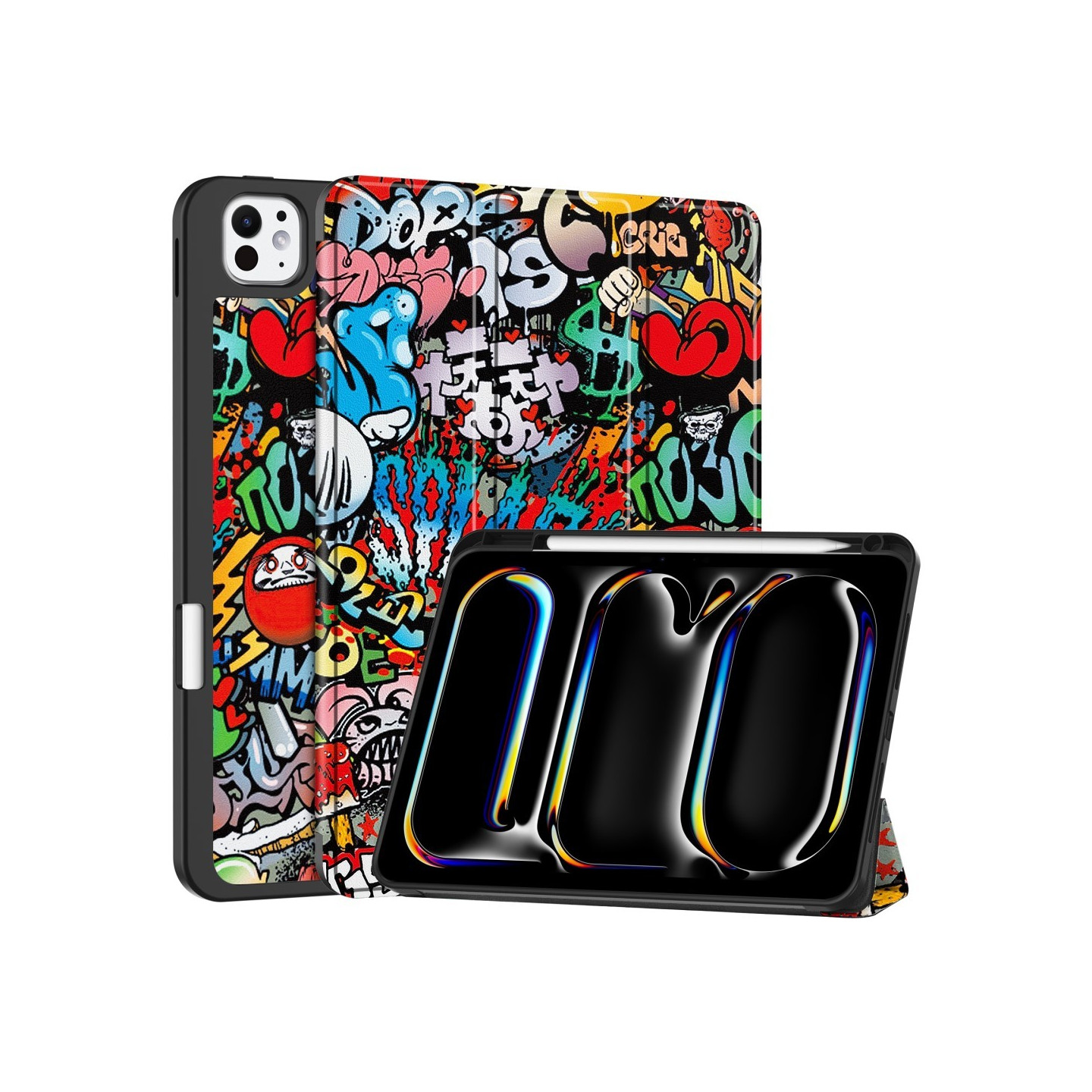 For iPad Pro 11 (2024) Case Tri - fold Stand Tablet Cover with Pen Slot - Graffiti
