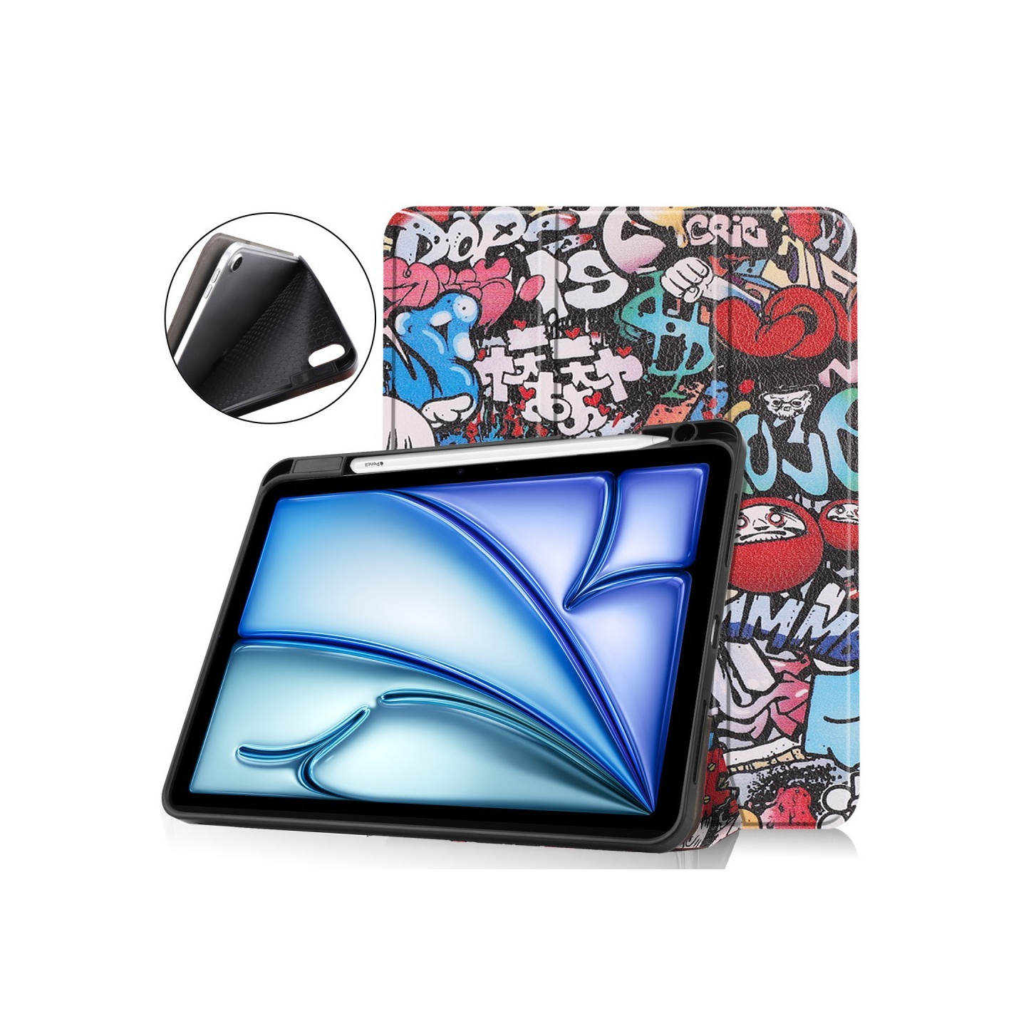Til iPad Air 11 (2024) Etui Tre - fold Stativ Tablet Cover med Pen Holder - Graffiti