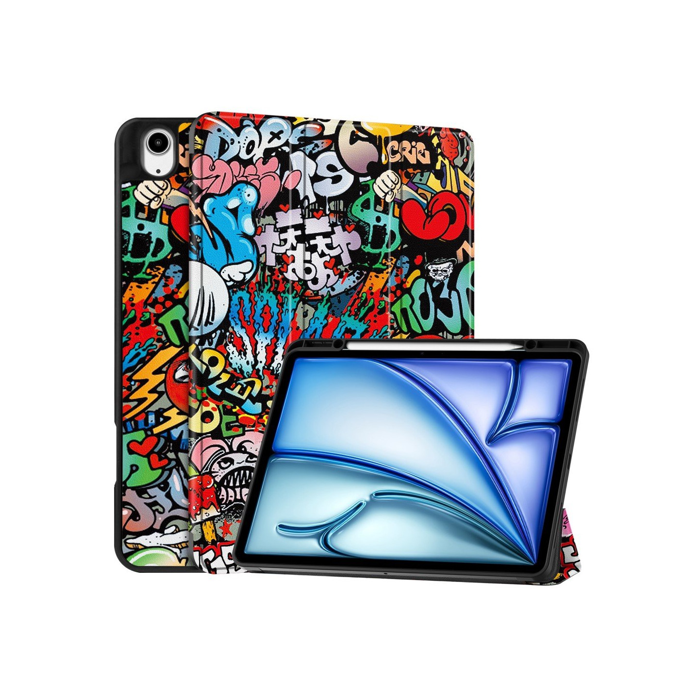 For iPad Air 13 (2024) Case Tri - fold Stand Tablet Cover with Pen Slot - Graffiti