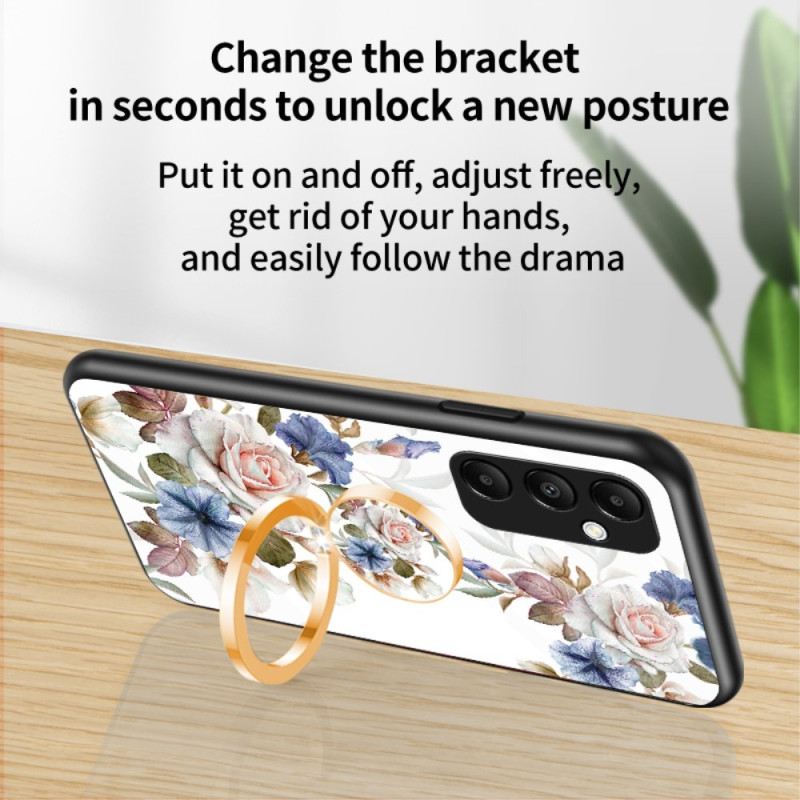 For Samsung Galaxy A35 Tempered Glass Case Ring Kickstand Phone Cover - White Flower