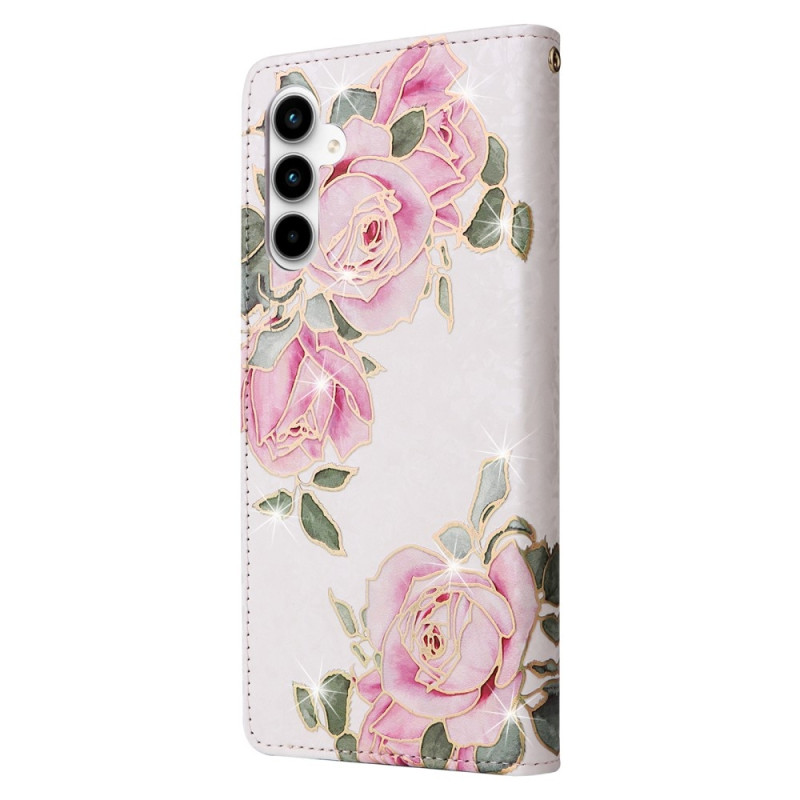 For Samsung Galaxy A35 5G Leather Case RFID Blocking Card Slots Phone Cover - Flower