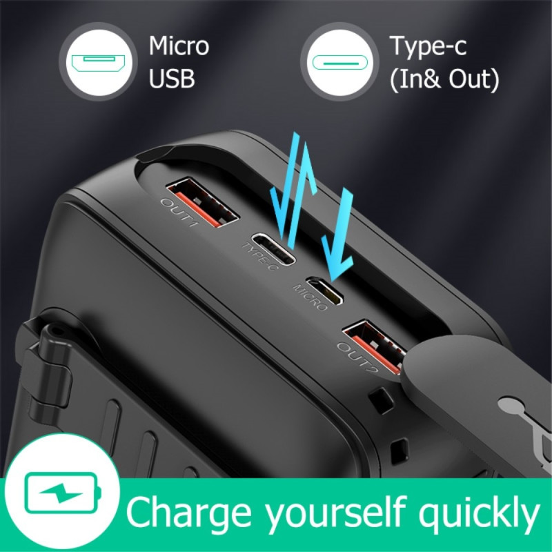 Håndsveiv 30000mAh Solar PowerBank Lightning/USB - C/mikrokabel