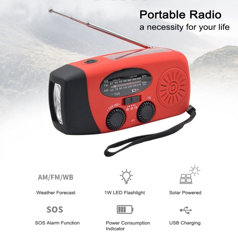 Håndsving Solar FM / AM Radio Lommelygte NOAA Power Bank