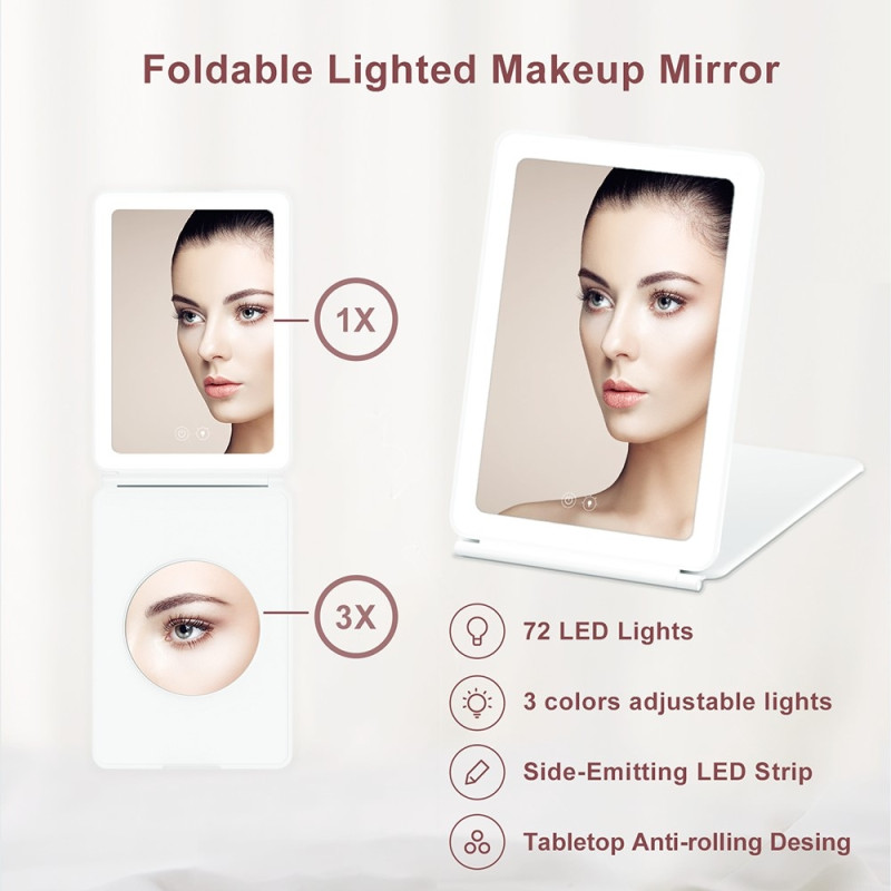 Foldable portable LED makeup mirror with 3X magnification