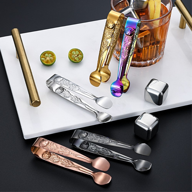 Ice Cube Spoon Tongs rustfrit stål rosemønster mini madtang