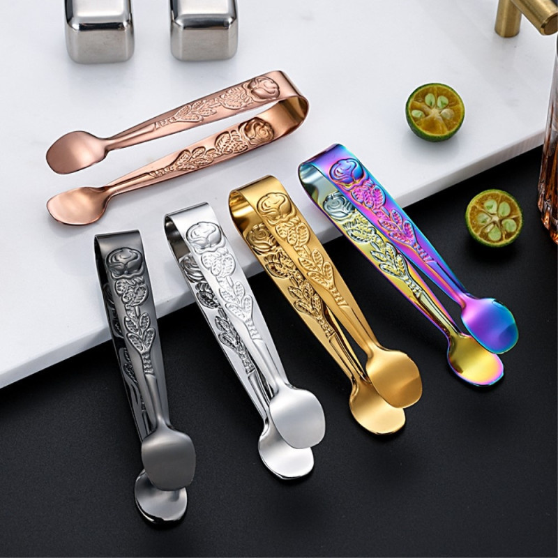 Ice Cube Spoon Tongs ruostumattomasta teräksestä valmistetut ruusukuvioiset miniruokapihdit