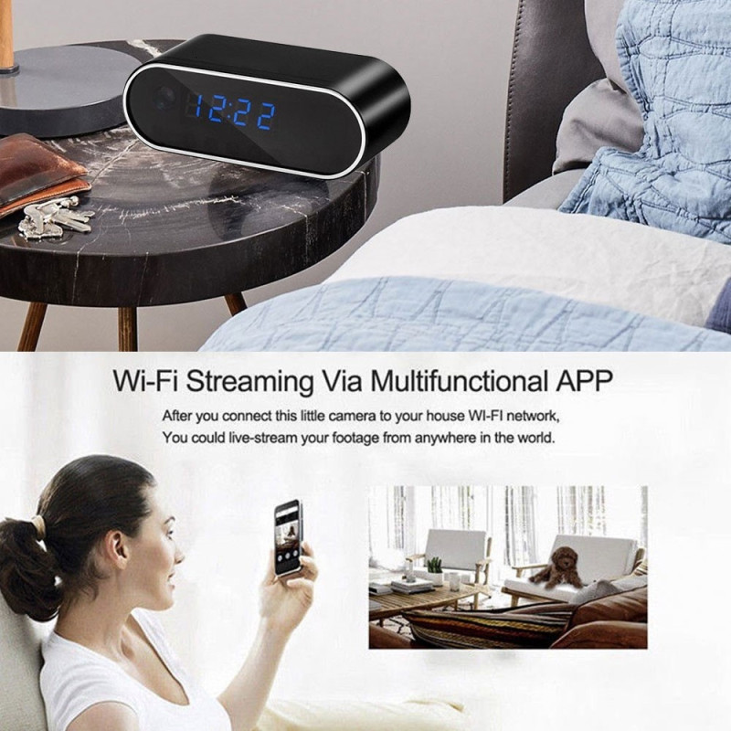 Spionkamera Klokkekamera WiFi Minikamera IR Nattsyn Alarm Bevegelsesdeteksjon