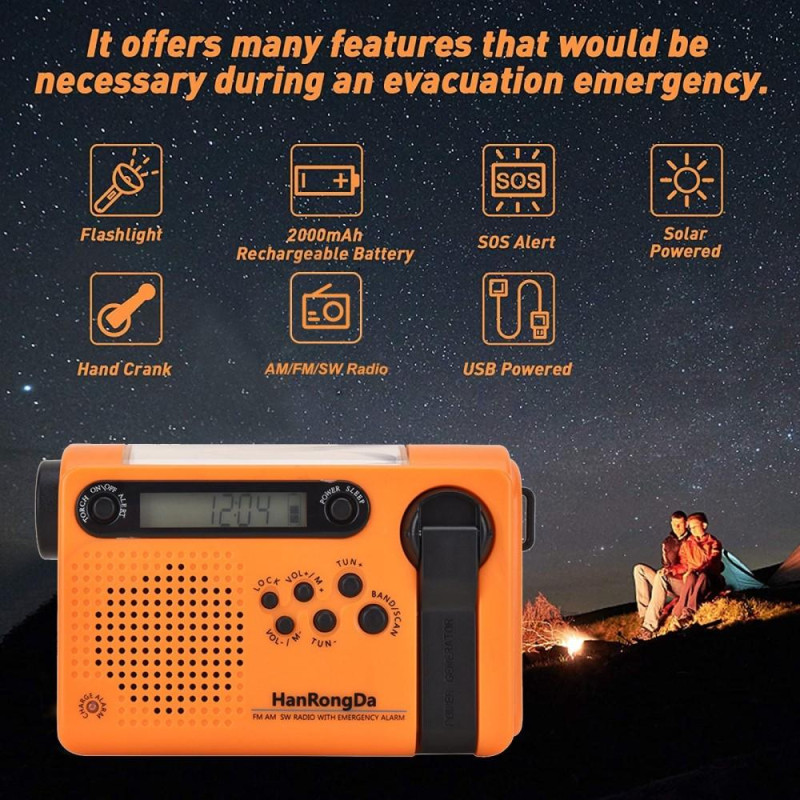 Emergency Radio LED Flashlight 2000mAh Battery Hand Crank Solar