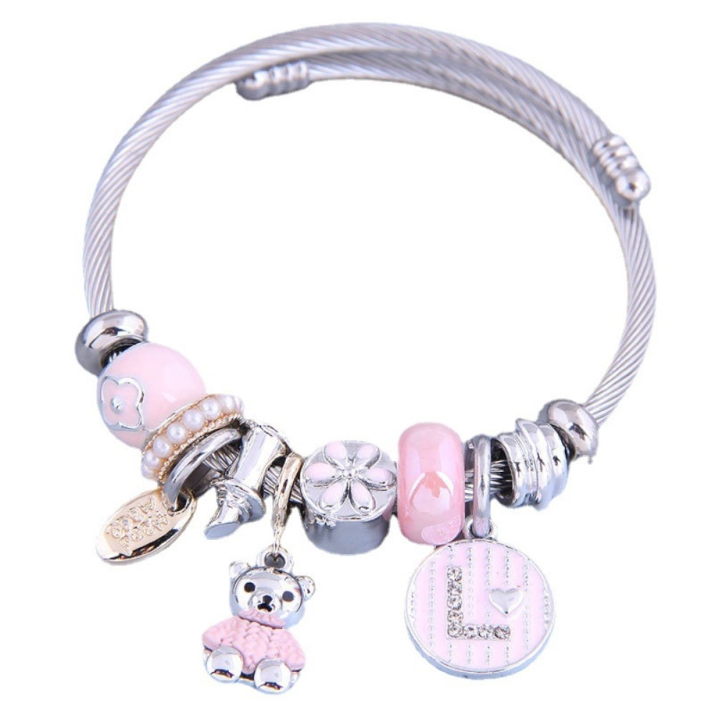 Bear Charm Armbånd med Rhinestone Dekor Justerbar Armbånd - Rosa
