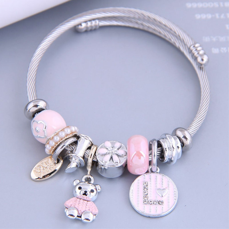 Bear Charm Armbånd med Rhinestone Dekor Justerbar Armbånd - Rosa