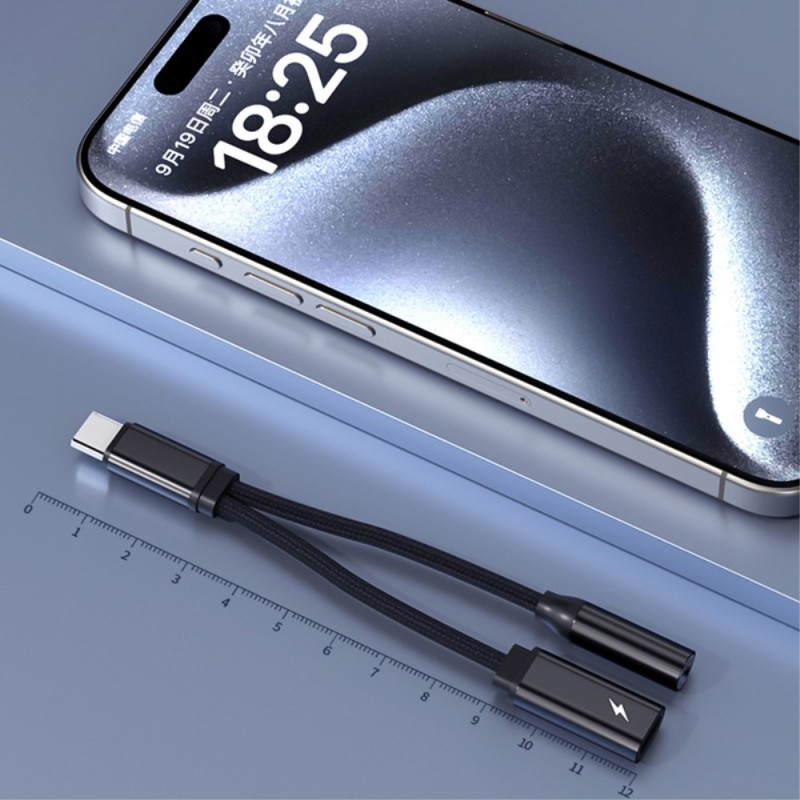 USB - C male to 3.5 mm + USB - C female adapter AUX splitter