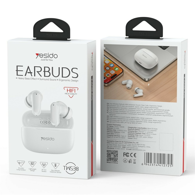 YESIDO Trådløse Hovedtelefoner In-Ear Bluetooth Stereo Hovedtelefoner med Touch-kontrol - Hvid