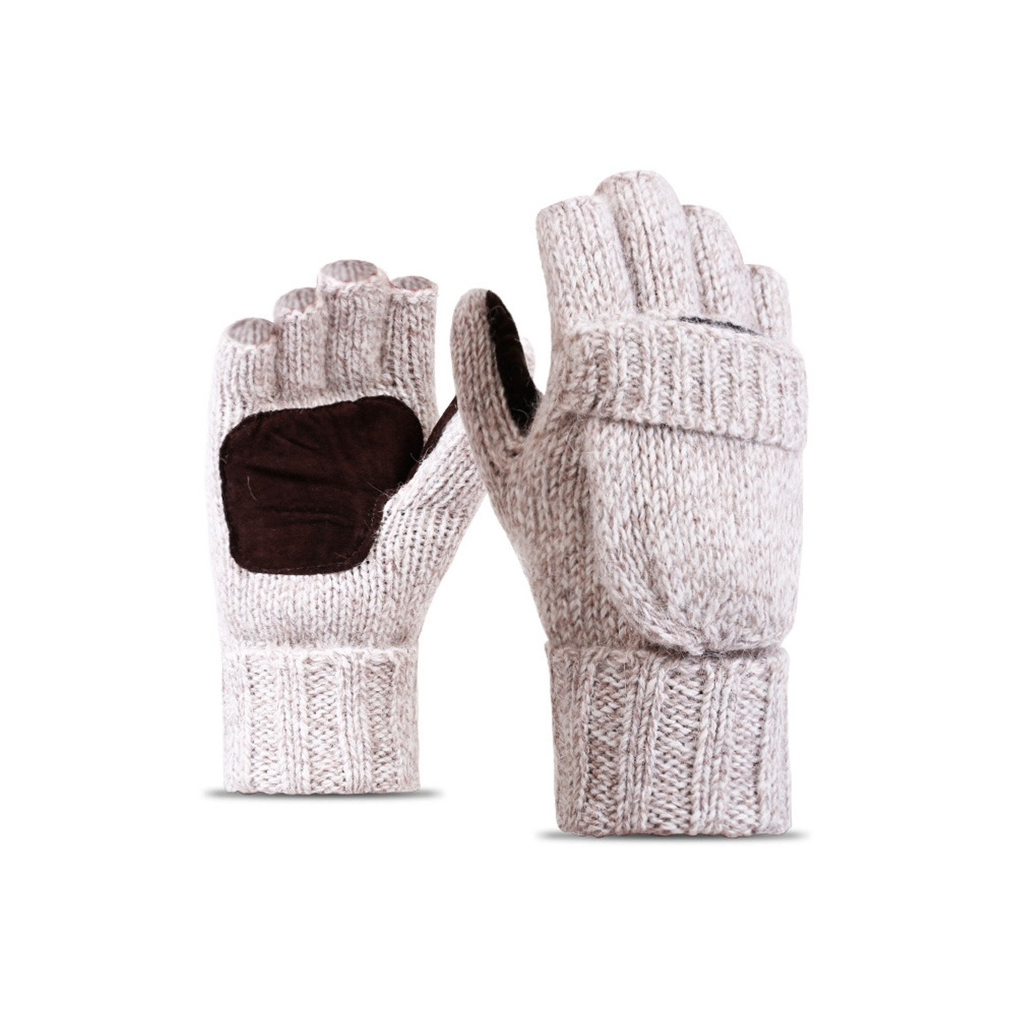 Unisex Mittens Warm Wool Gloves Half Finger Knitted Gloves Cover - Beige