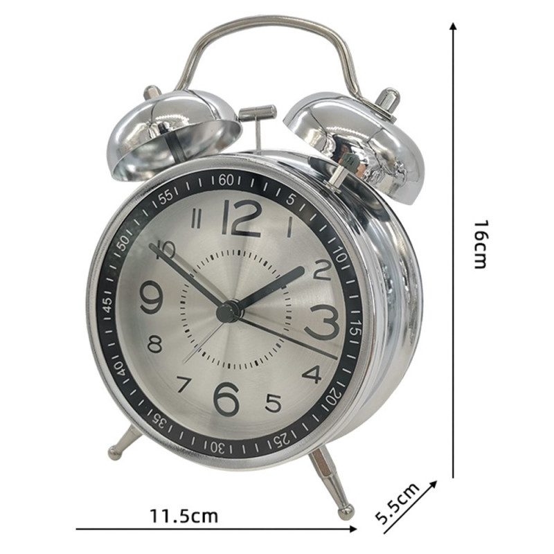 Retro Twin Bell Alarm Metal Shell Silent Clock med Lys