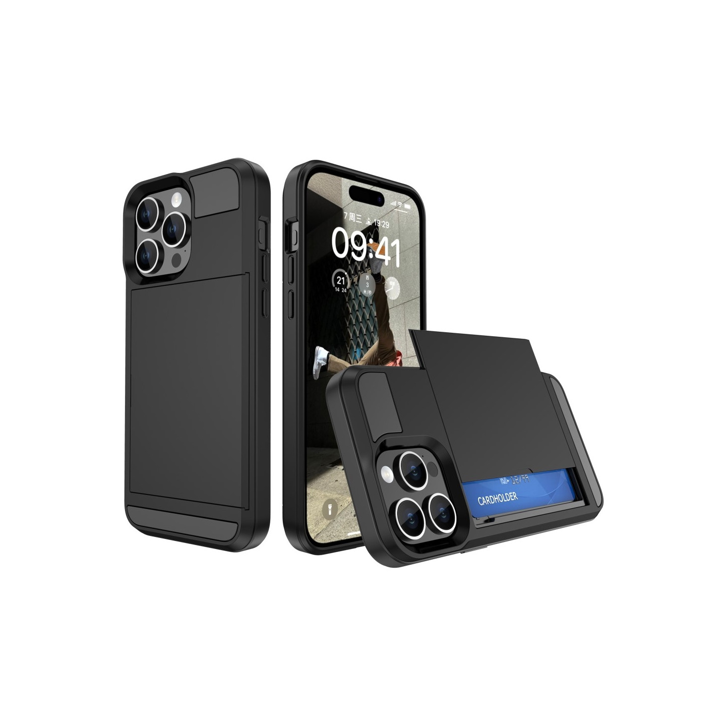 Til iPhone 15 PC+TPU Telefoncover med Skydende Kortholder