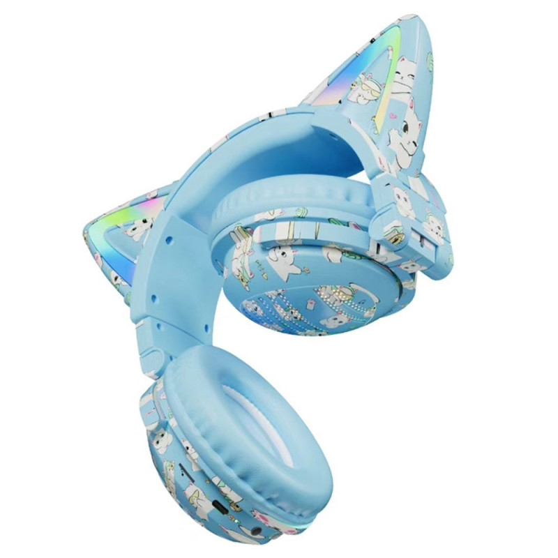 Cat Ears Bluetooth Headset Microphone Wireless Headphones - Blue