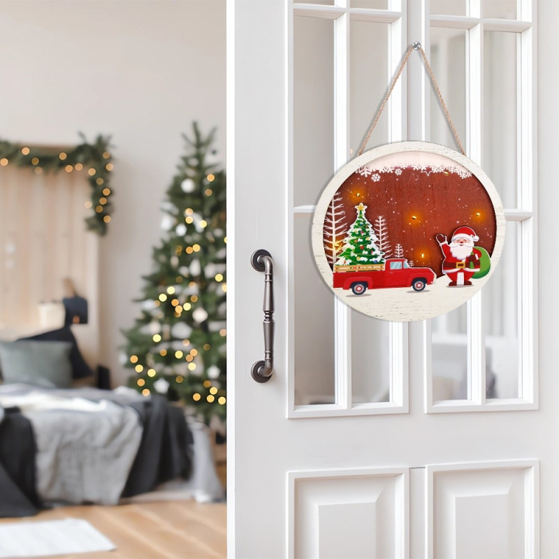 Joulukylttikoristeluovi LED - valoilla - Joulupukki ja auto