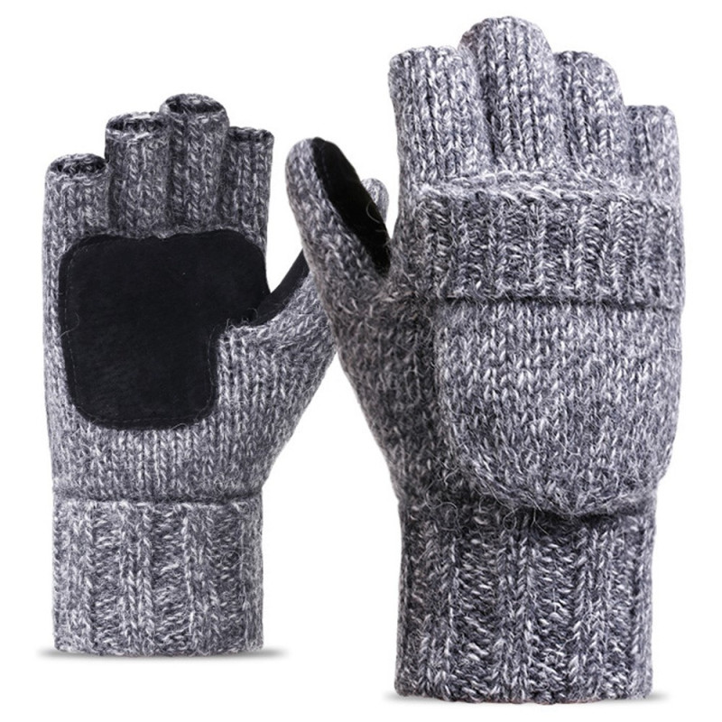 Unisex Mittens Warm Wool Gloves Half Finger Knitted Gloves Cover - Light Grey