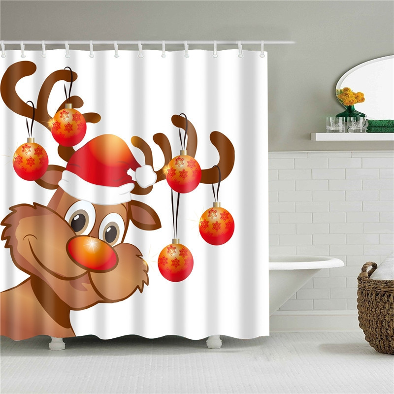 Shower Curtain Halloween Home Decor - Reindeer with Santa Claus hat