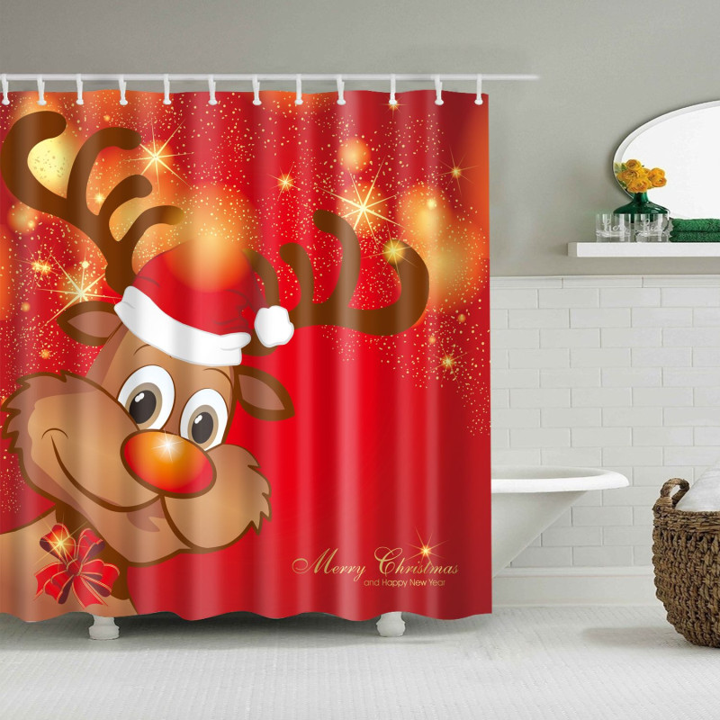 Shower Curtain Halloween Home Decor - Reindeer with Santa Claus hat