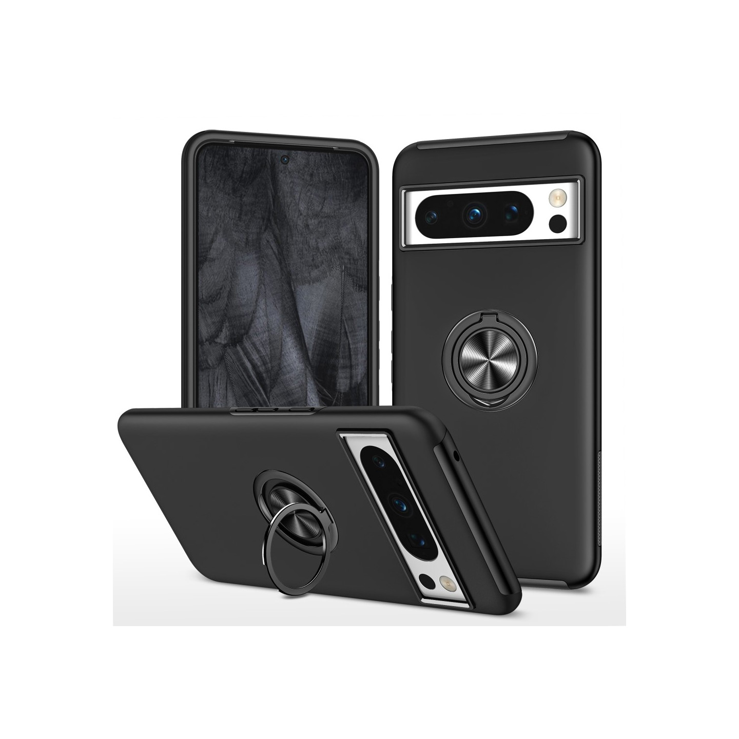 For Google Pixel 8 Pro Finger Ring Kickstand Hybrid Case - Black