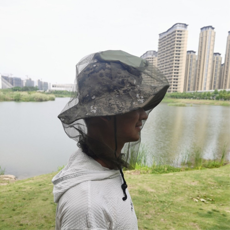 Camouflage bucket hat Cap with mosquito net camping fishing - Green