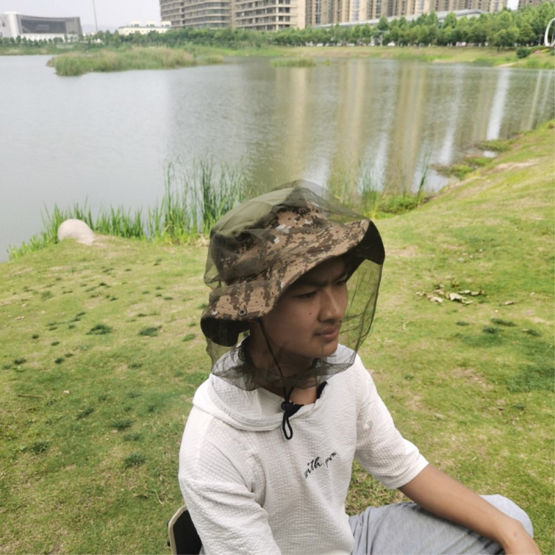 Camouflage bucket hat Cap with mosquito net camping fishing - Khaki