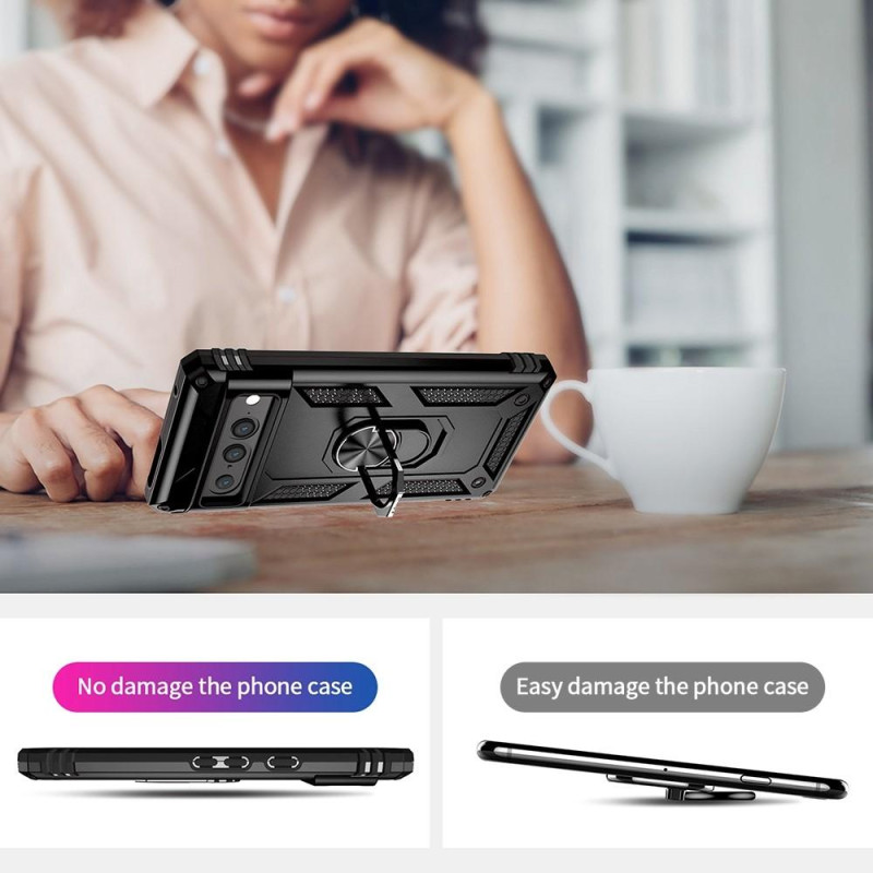 Google Pixel 7 Pro Hybrid Deksel Med Fingerring & Metallplate - Svart