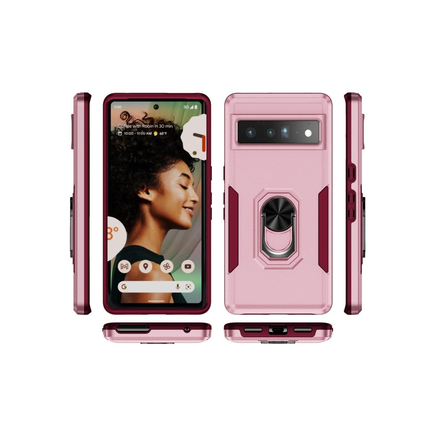 Google Pixel 7 Pro Stødsikker TPU+PC Kickstand Telefonetui Bilmonteret Metalplade - Lyserød