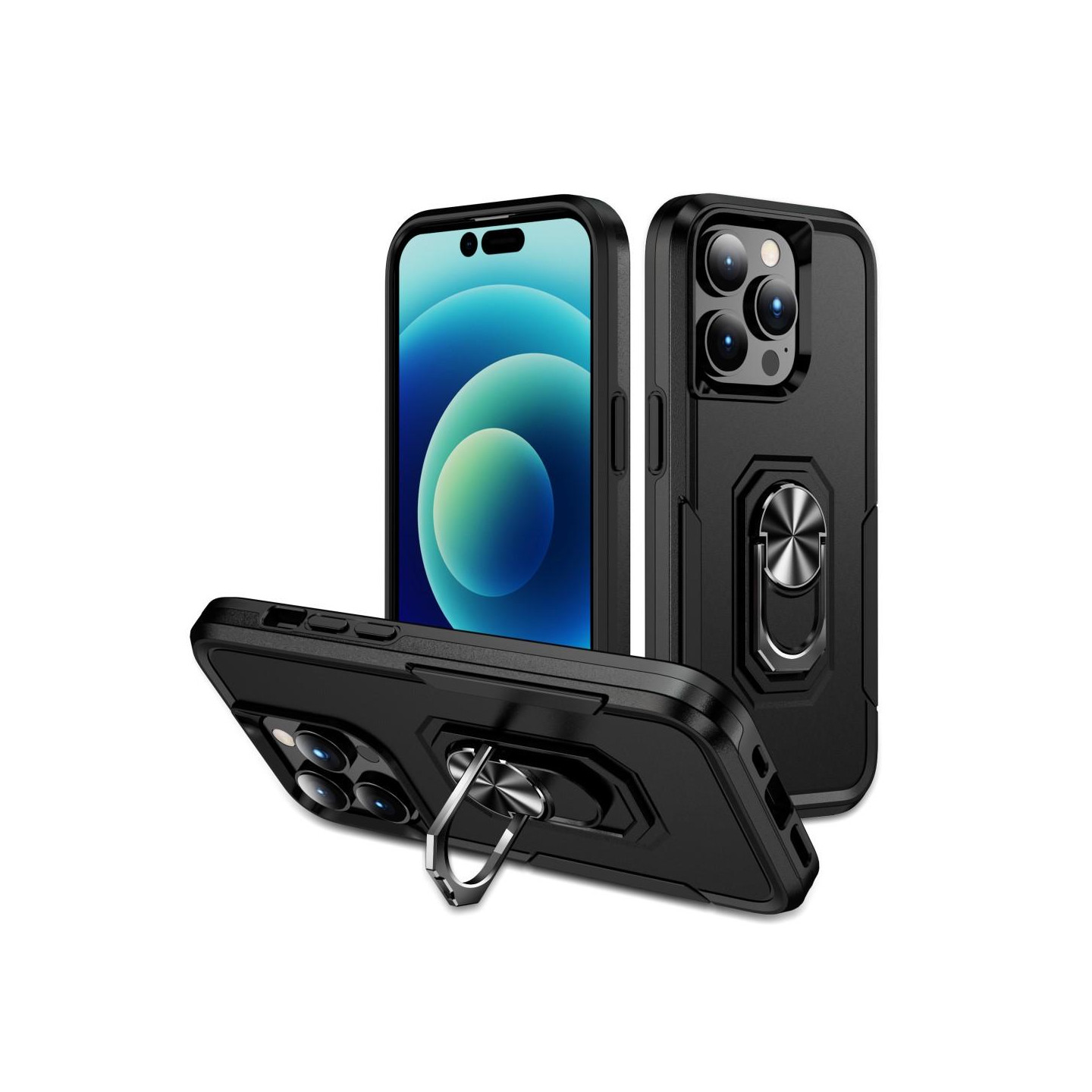 iPhone 15 Pro Hybrid Deksel Med Fingerring & Metallplate - Svart