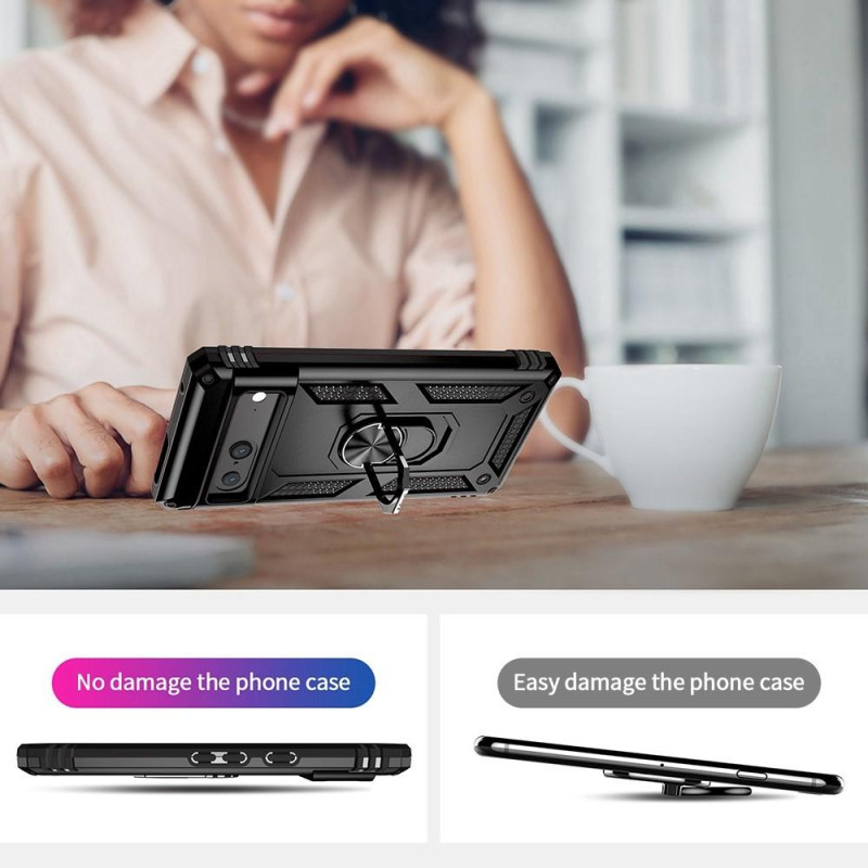 Google Pixel 7 Stødsikker TPU+PC Kickstand Telefontaske Bilmonteret Metalplade - Sort