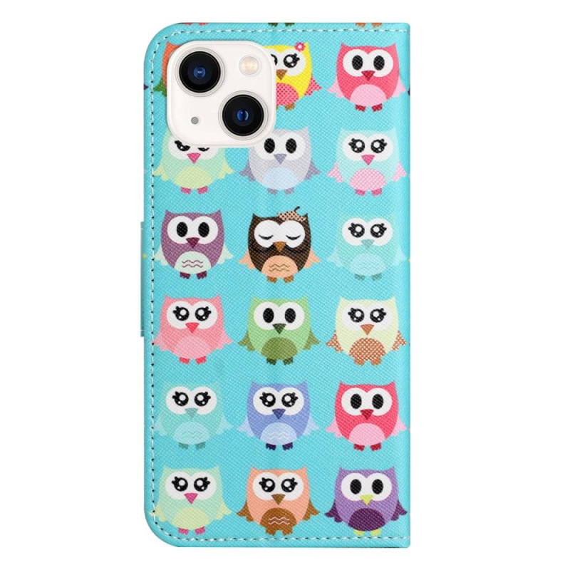 For iPhone 15 Wallet Stand Case Pattern Phone Cover - Owls