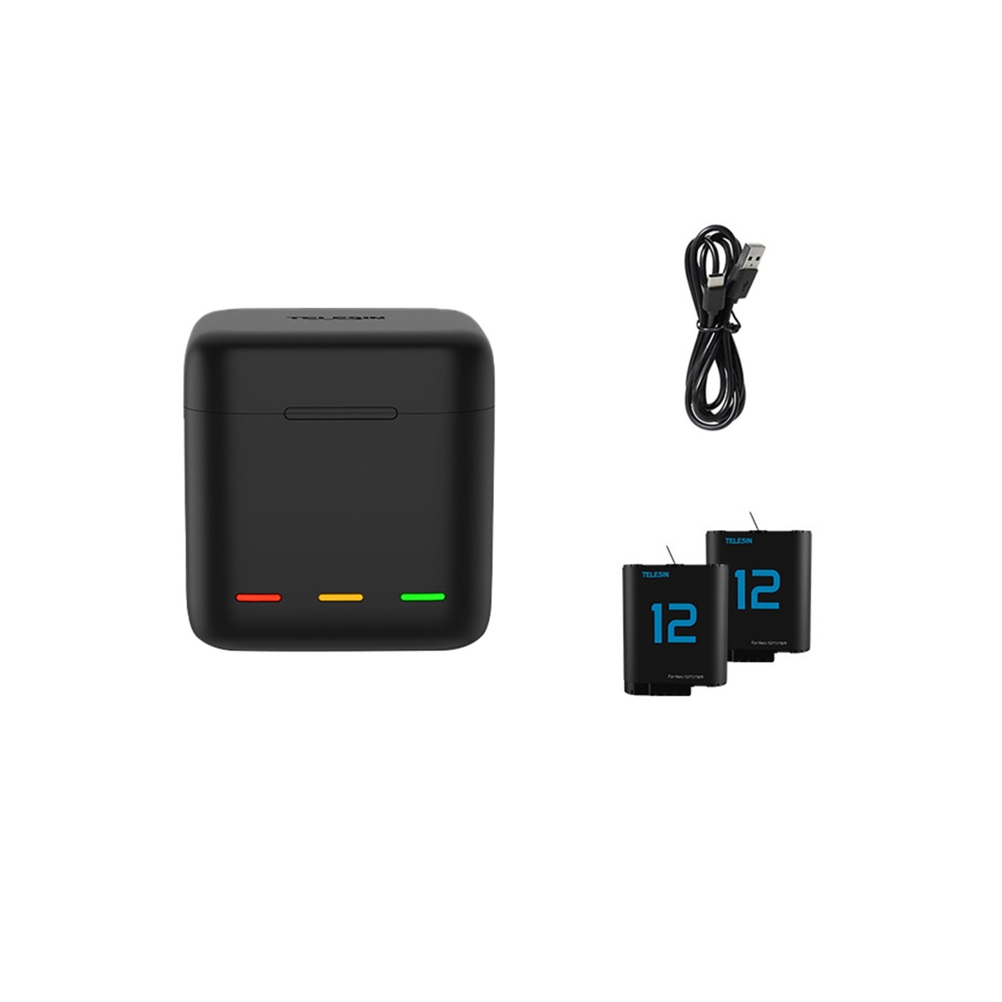 TELESIN S0-BCG-04-TGP for GoPro Hero 12/11/10/9 ladeveske med 2 batterier